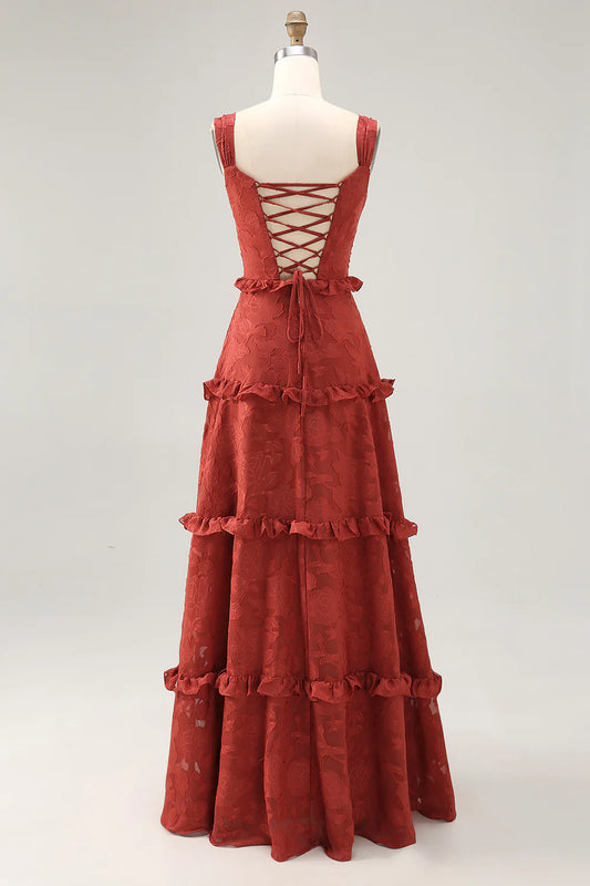 Terracotta A-line Ruffled Long Bridesmaid Dress with Lace Up Back