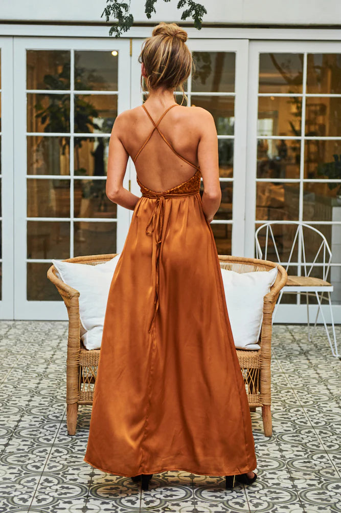 Terracotta Halter Lace Embroidered Satin Maxi Evening Dresses