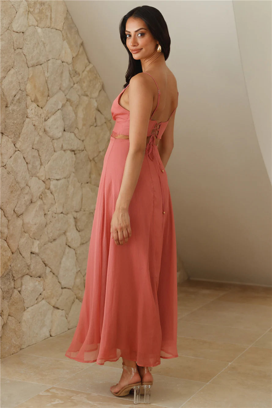 Terracotta Lace Trim Spaghetti Strap Cutout Lace-Up Back Midi Evening Dresses