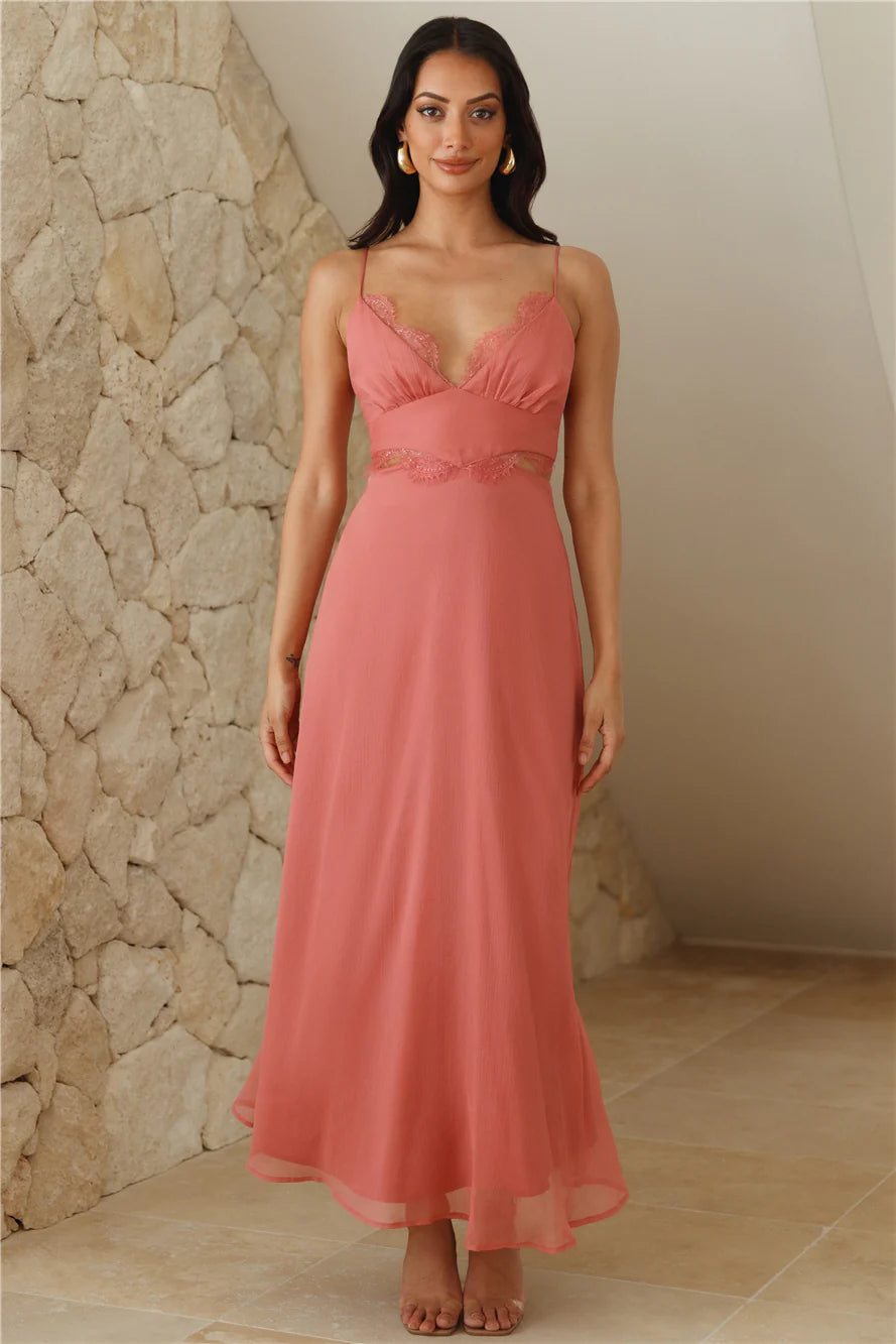Terracotta Lace Trim Spaghetti Strap Cutout Lace-Up Back Midi Evening Dresses