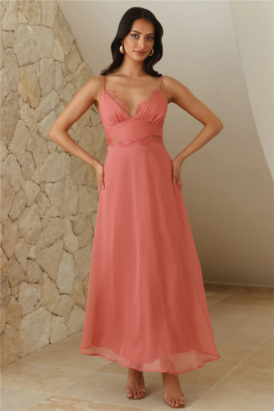 Terracotta Lace Trim Spaghetti Strap Cutout Lace-Up Back Midi Evening Dresses
