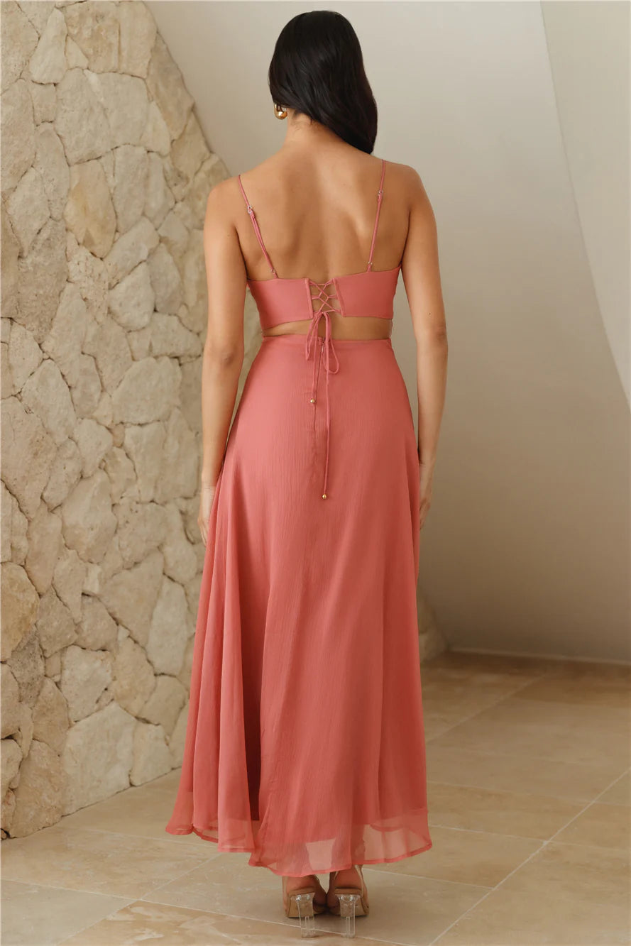 Terracotta Lace Trim Spaghetti Strap Cutout Lace-Up Back Midi Evening Dresses
