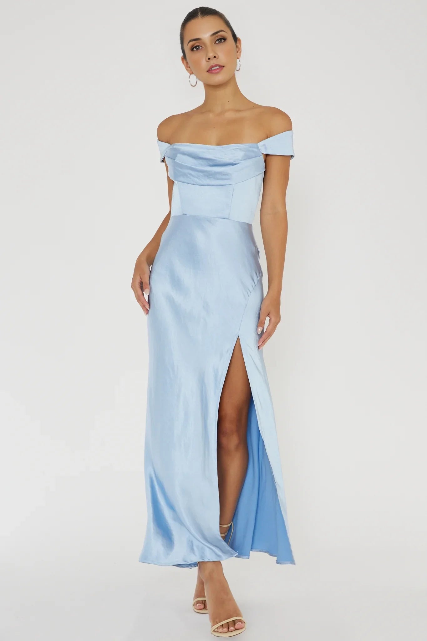 The eye-catching satin long low waist invisible zipper off shoulder V-back bridesmaid dress