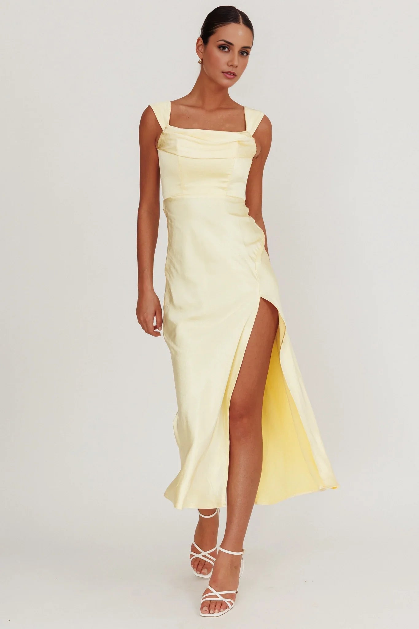 The eye-catching satin long unlined off shoulder low waist V-back front slit invisible zipper bridesmaid dress