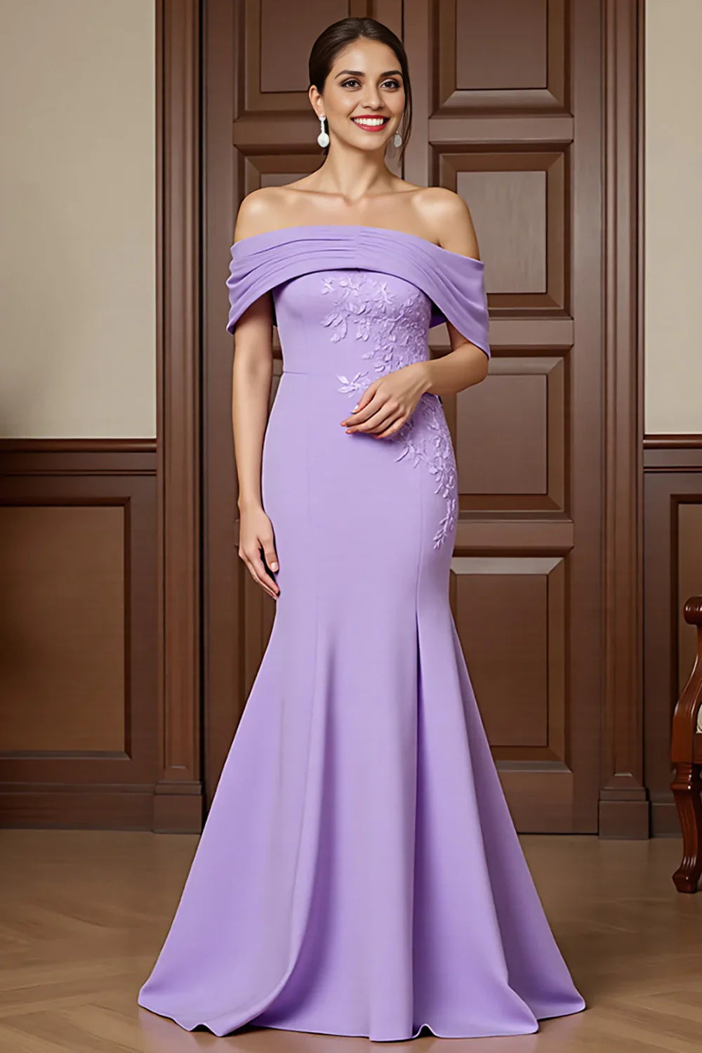 The stunning mermaid off shoulder decal showcases beauty and elegance in the bride's and mother's formal attire