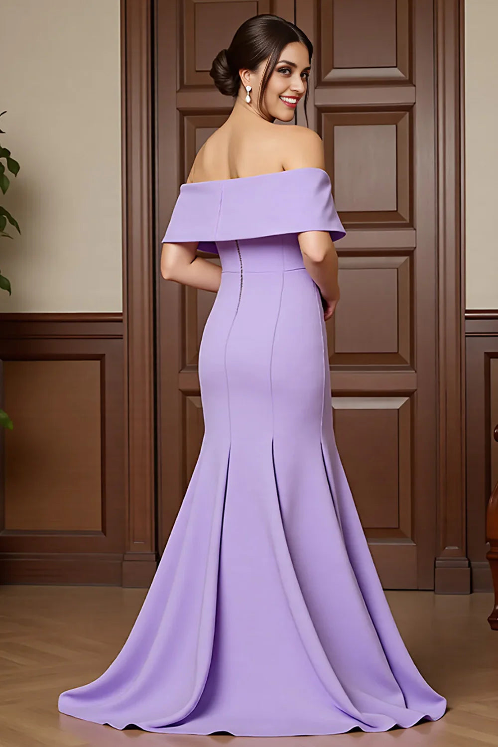 The stunning mermaid off shoulder decal showcases beauty and elegance in the bride's and mother's formal attire