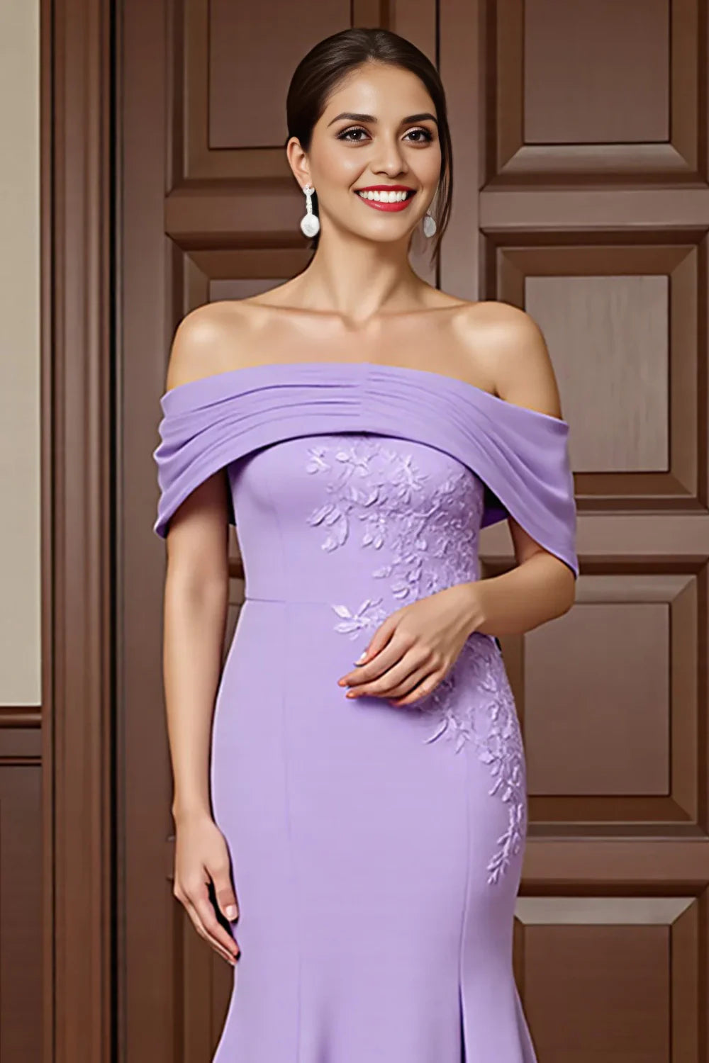 The stunning mermaid off shoulder decal showcases beauty and elegance in the bride's and mother's formal attire