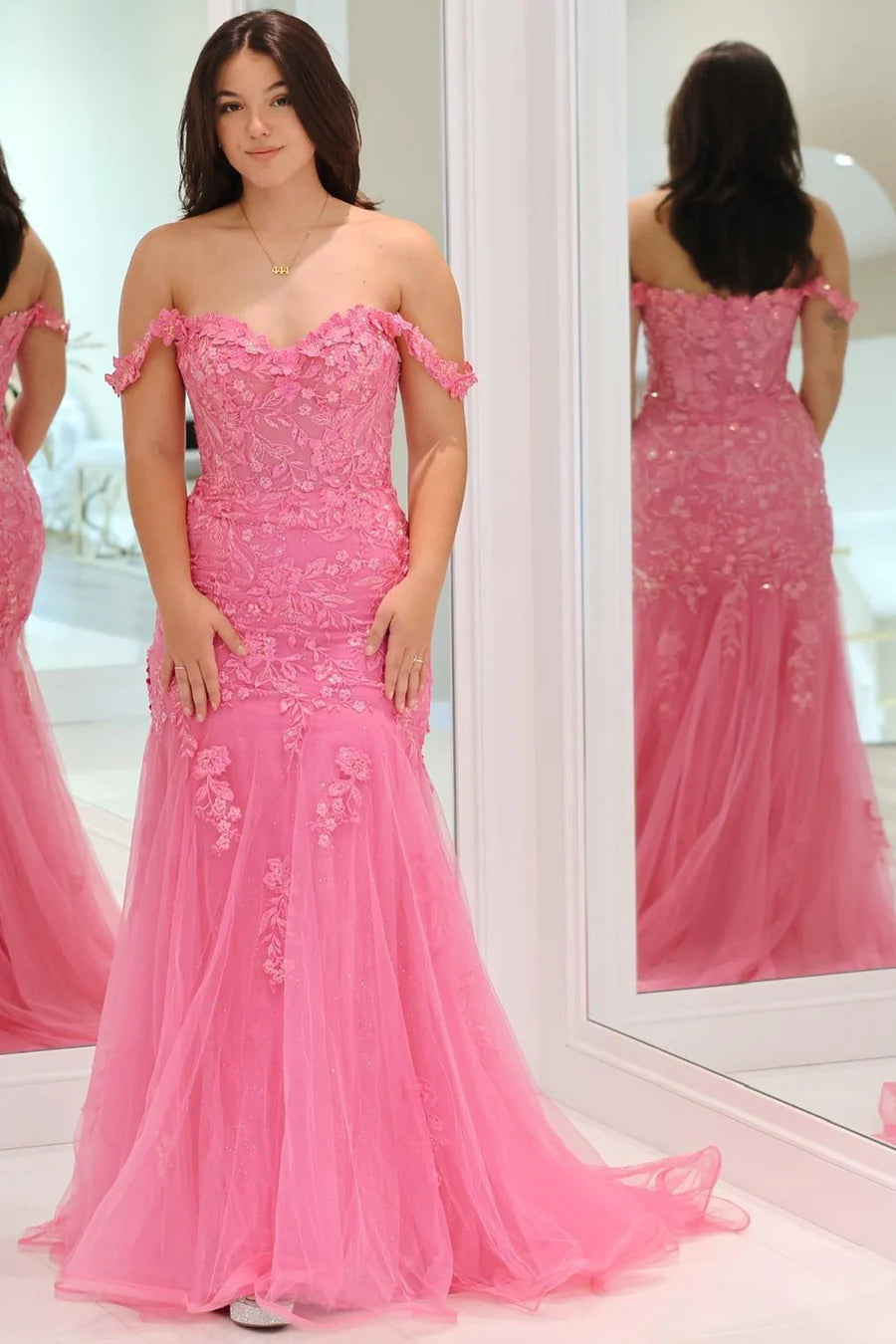 Thin gauze applique off shoulder small long ball dress