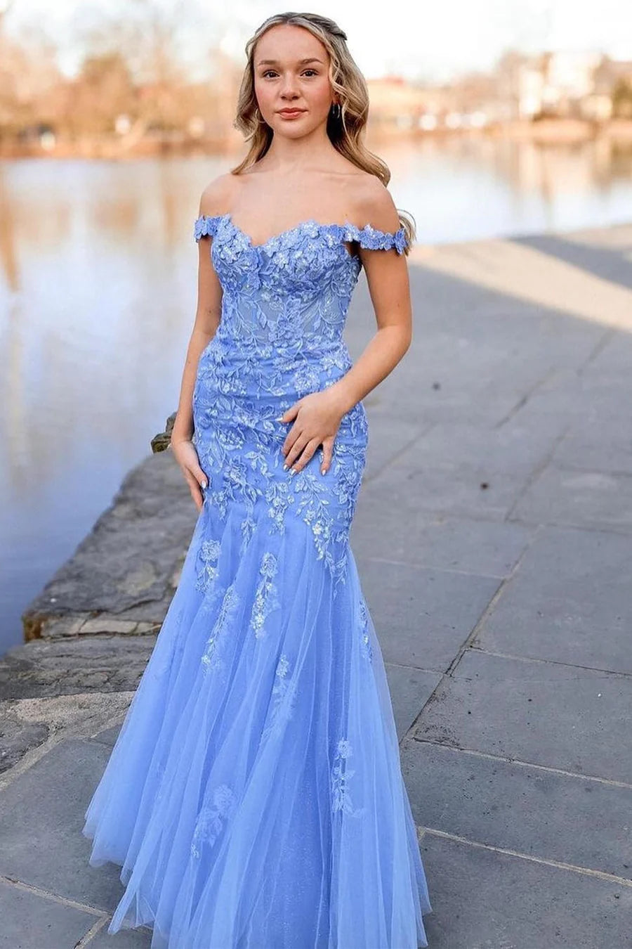 Thin gauze applique off shoulder small long ball dress