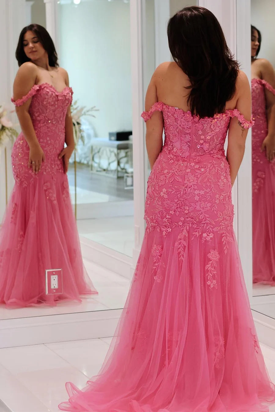 Thin gauze applique off shoulder small long ball dress