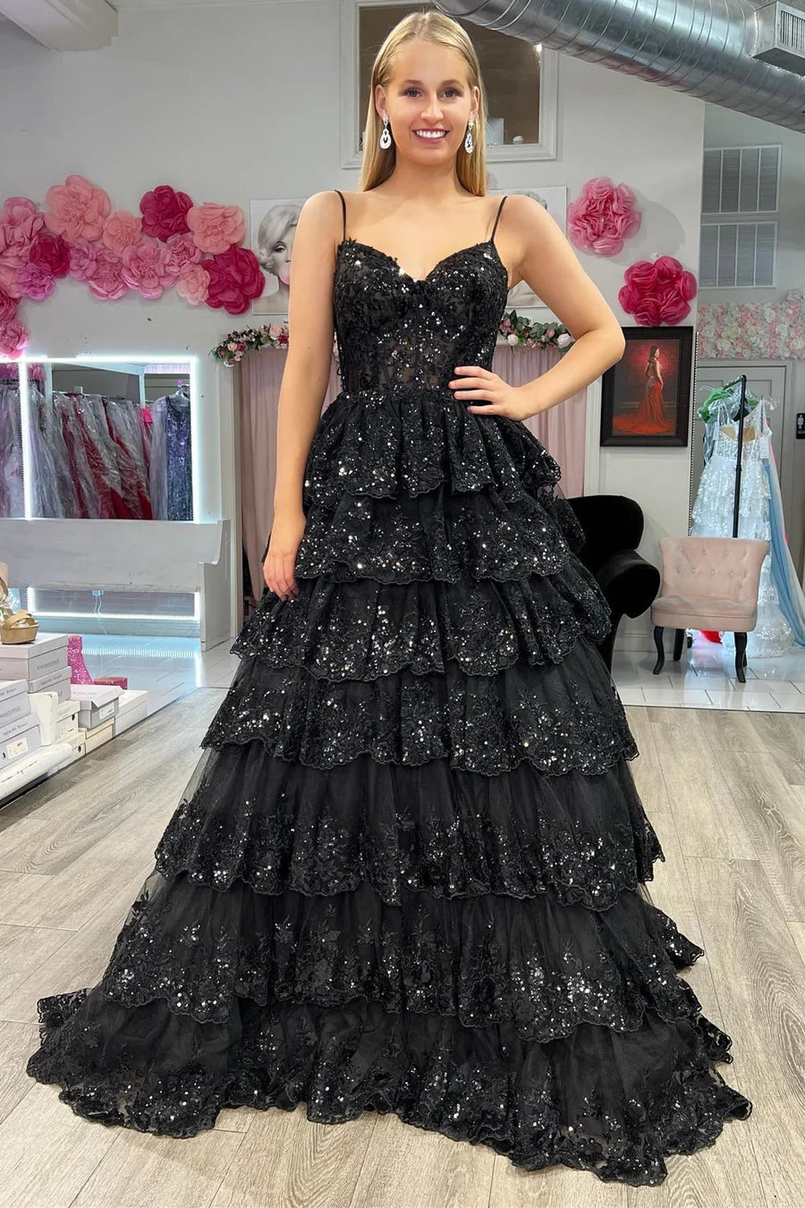 Thin layered chiffon sequin long skirt with V-neck and slim suspender straps