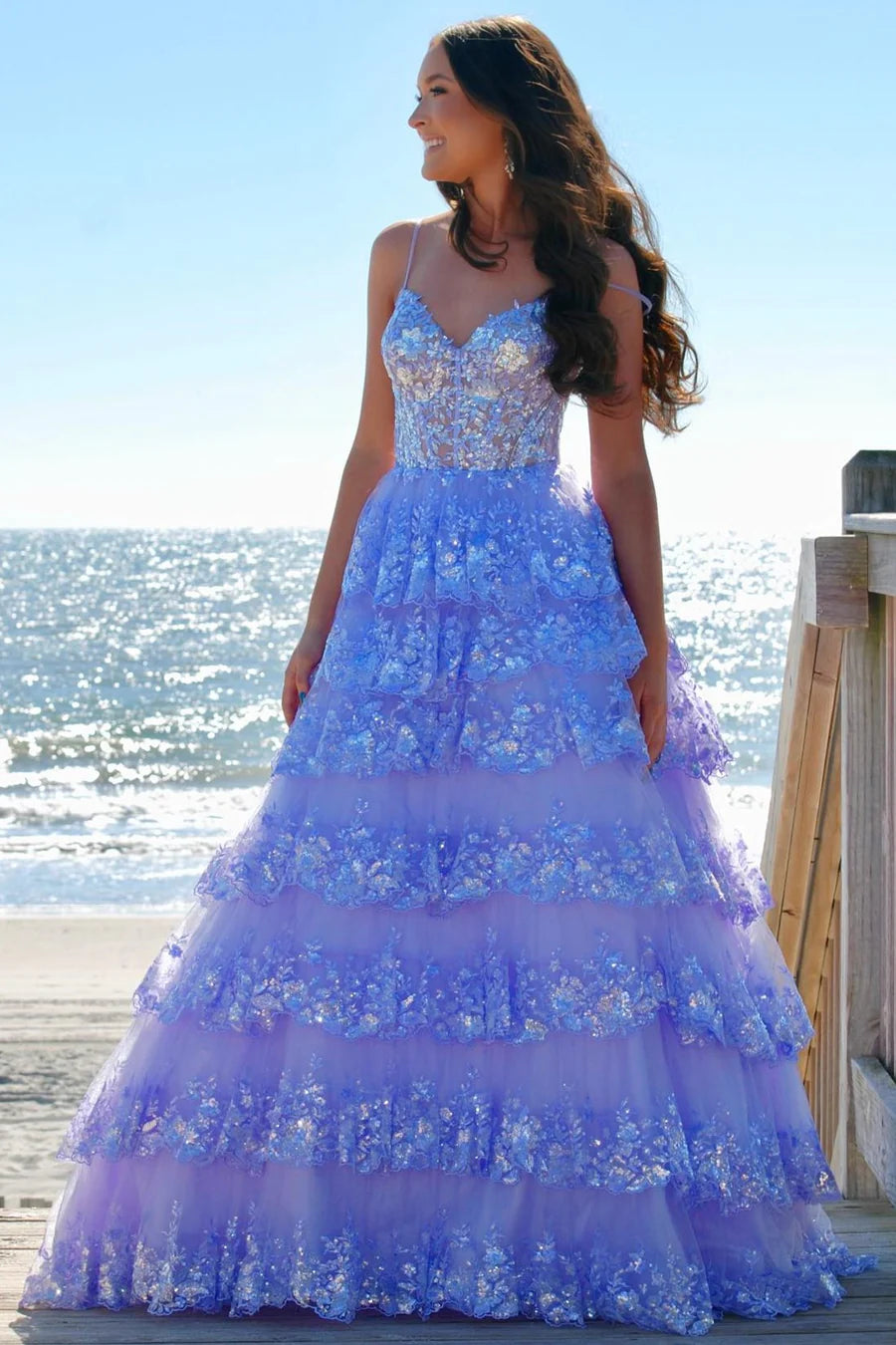 Thin layered chiffon sequin long skirt with V-neck and slim suspender straps