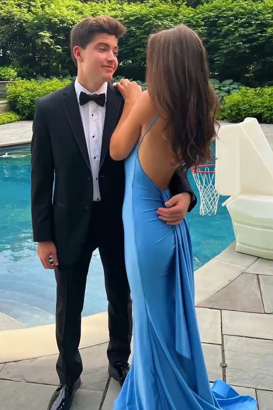 Thin shoulder strap V-neck sleeveless satin long ball gown