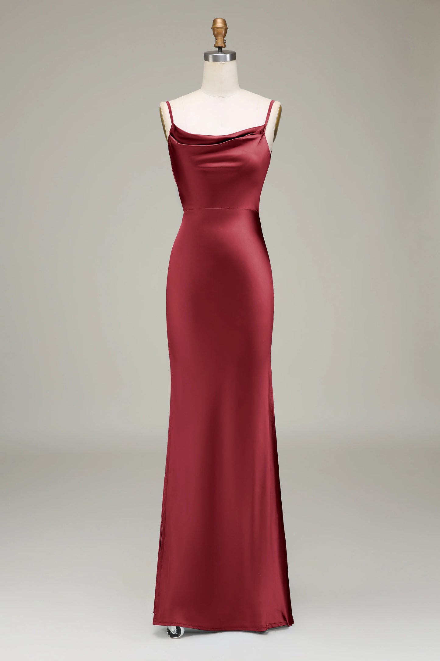 Thin shoulder strap long satin bridesmaid dress