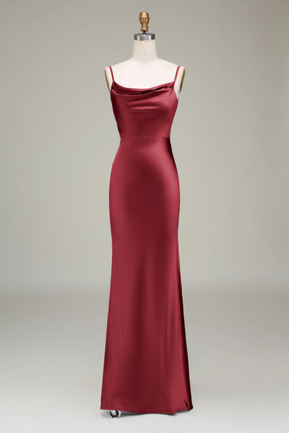 Thin shoulder strap long satin bridesmaid dress
