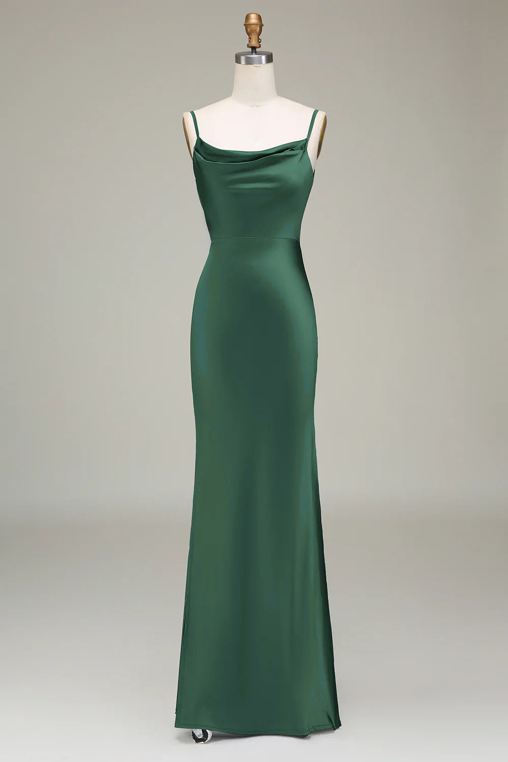 Thin shoulder strap long satin bridesmaid dress