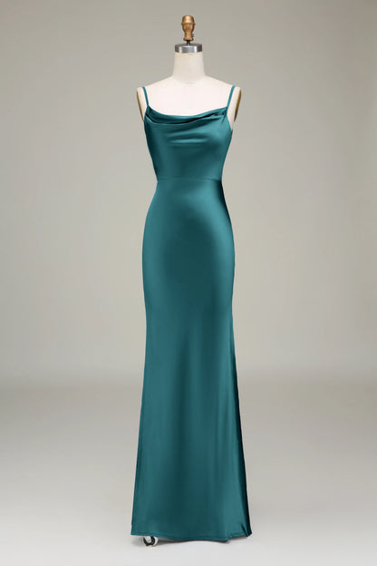 Thin shoulder strap long satin bridesmaid dress