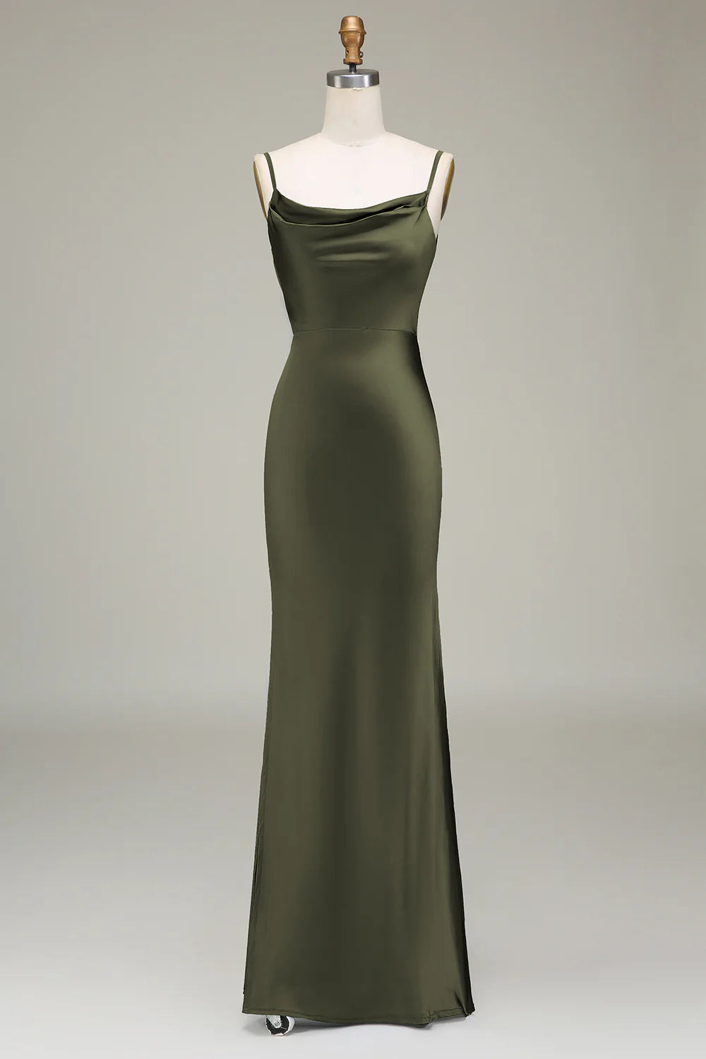 Thin shoulder strap long satin bridesmaid dress