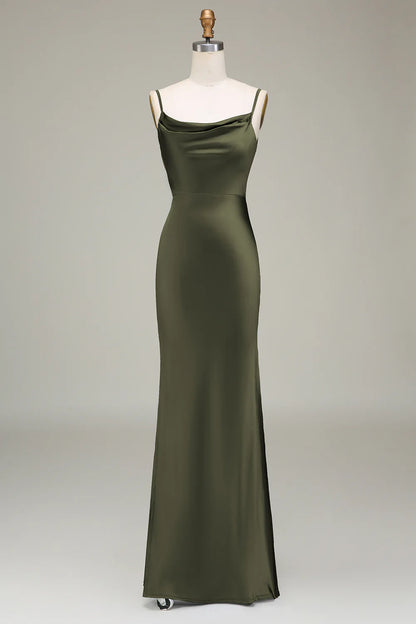 Thin shoulder strap long satin bridesmaid dress