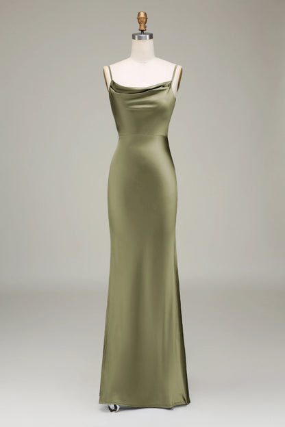 Thin shoulder strap long satin bridesmaid dress