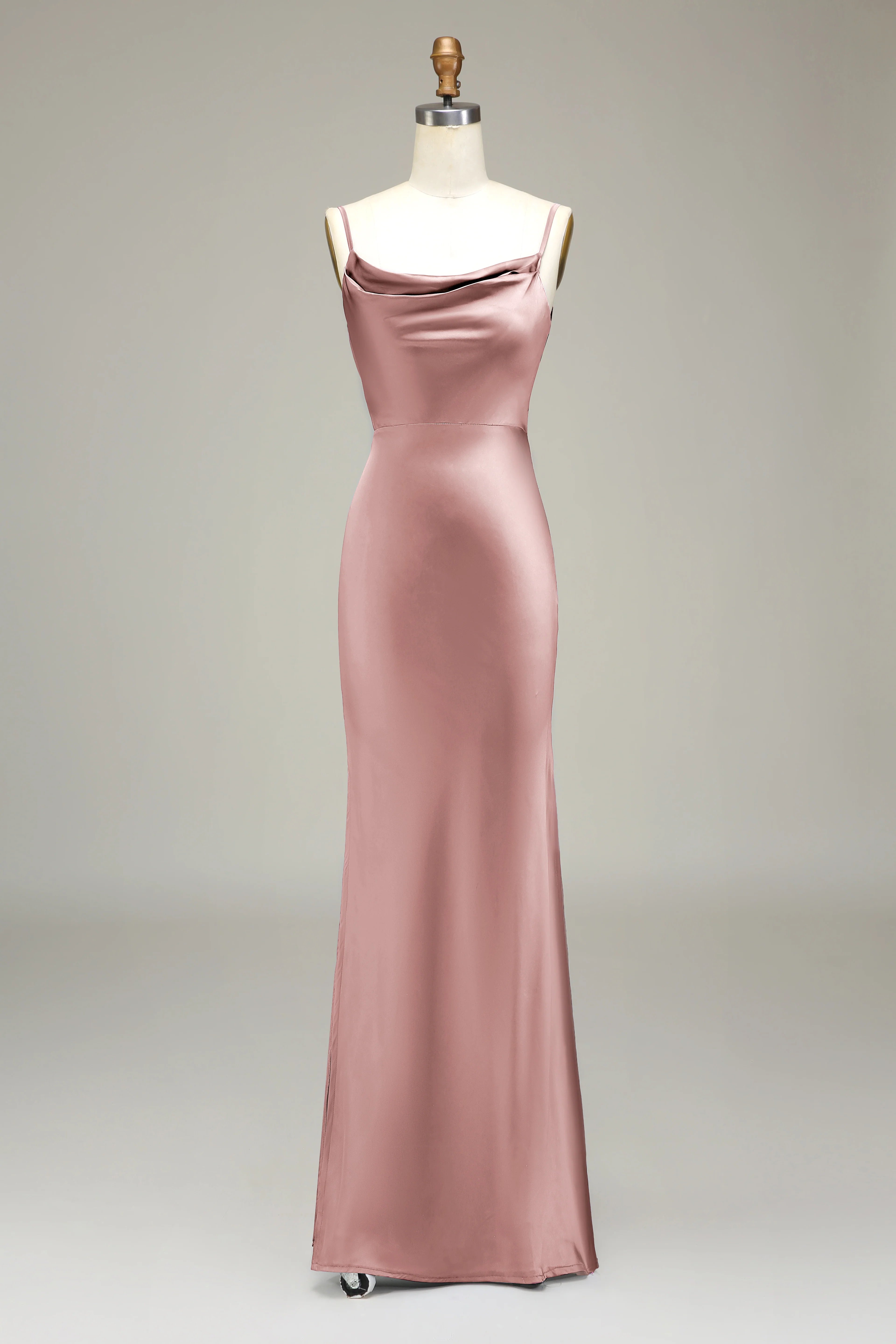 Thin shoulder strap long satin bridesmaid dress