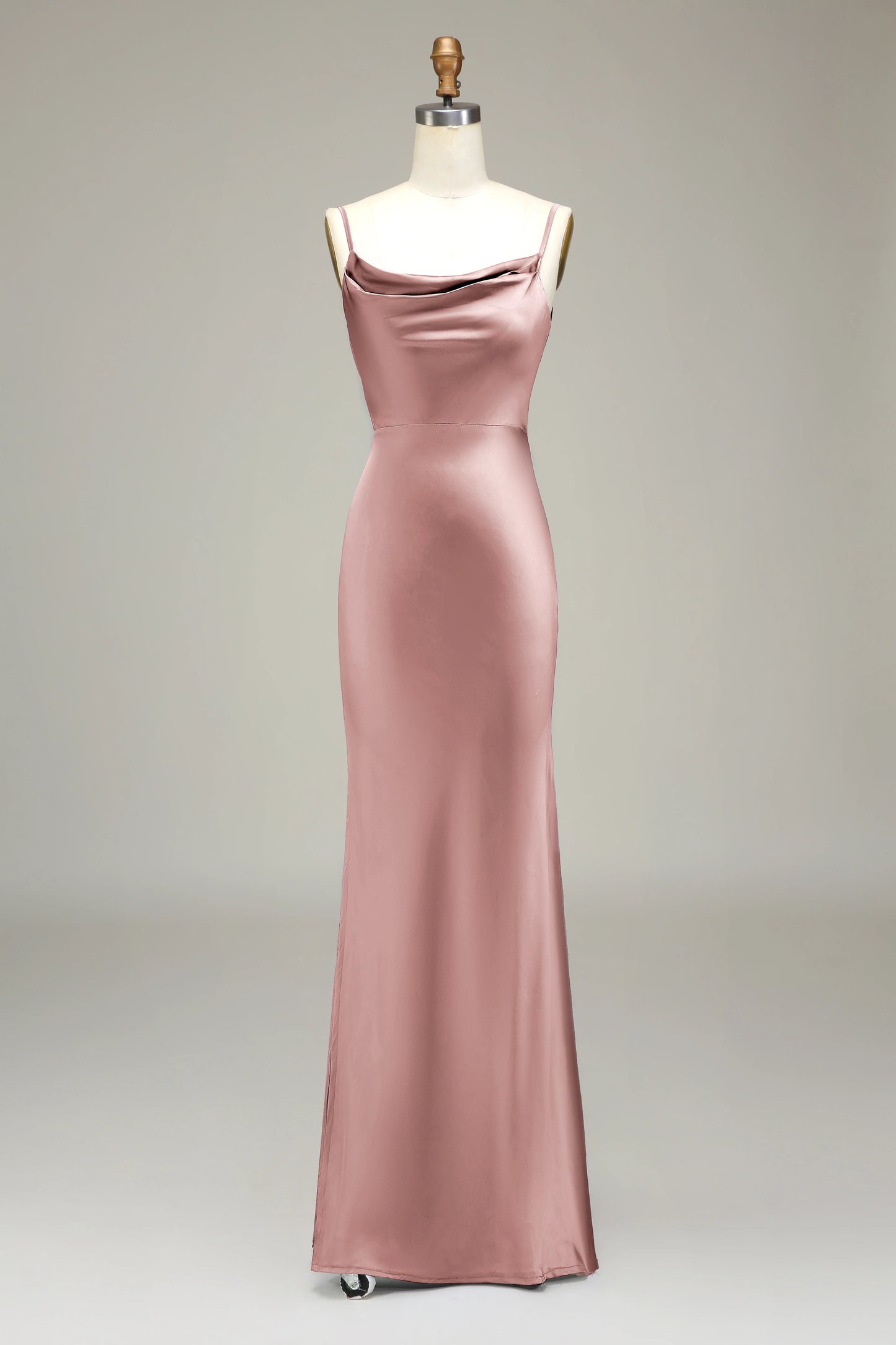 Thin shoulder strap long satin bridesmaid dress