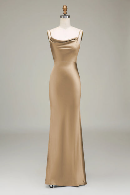 Thin shoulder strap long satin bridesmaid dress