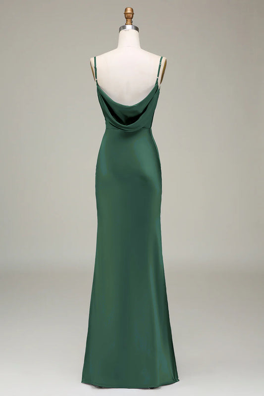 Thin shoulder strap long satin bridesmaid dress