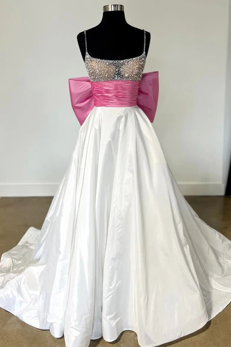 Thin suspender bead bow A-line long skirt