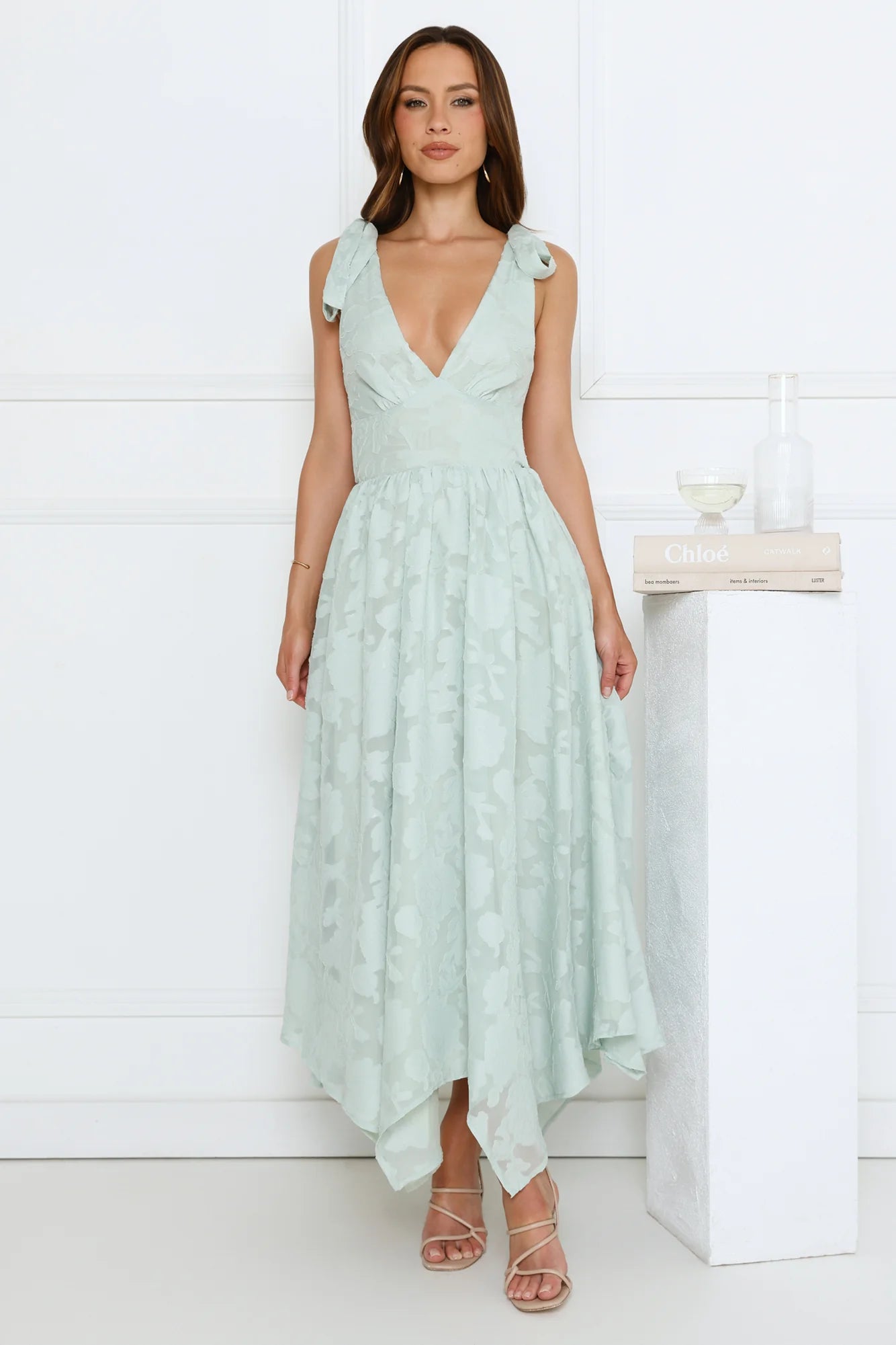 Tie Strap V-neck Floral Jacquard Open Back Midi Evening Dress
