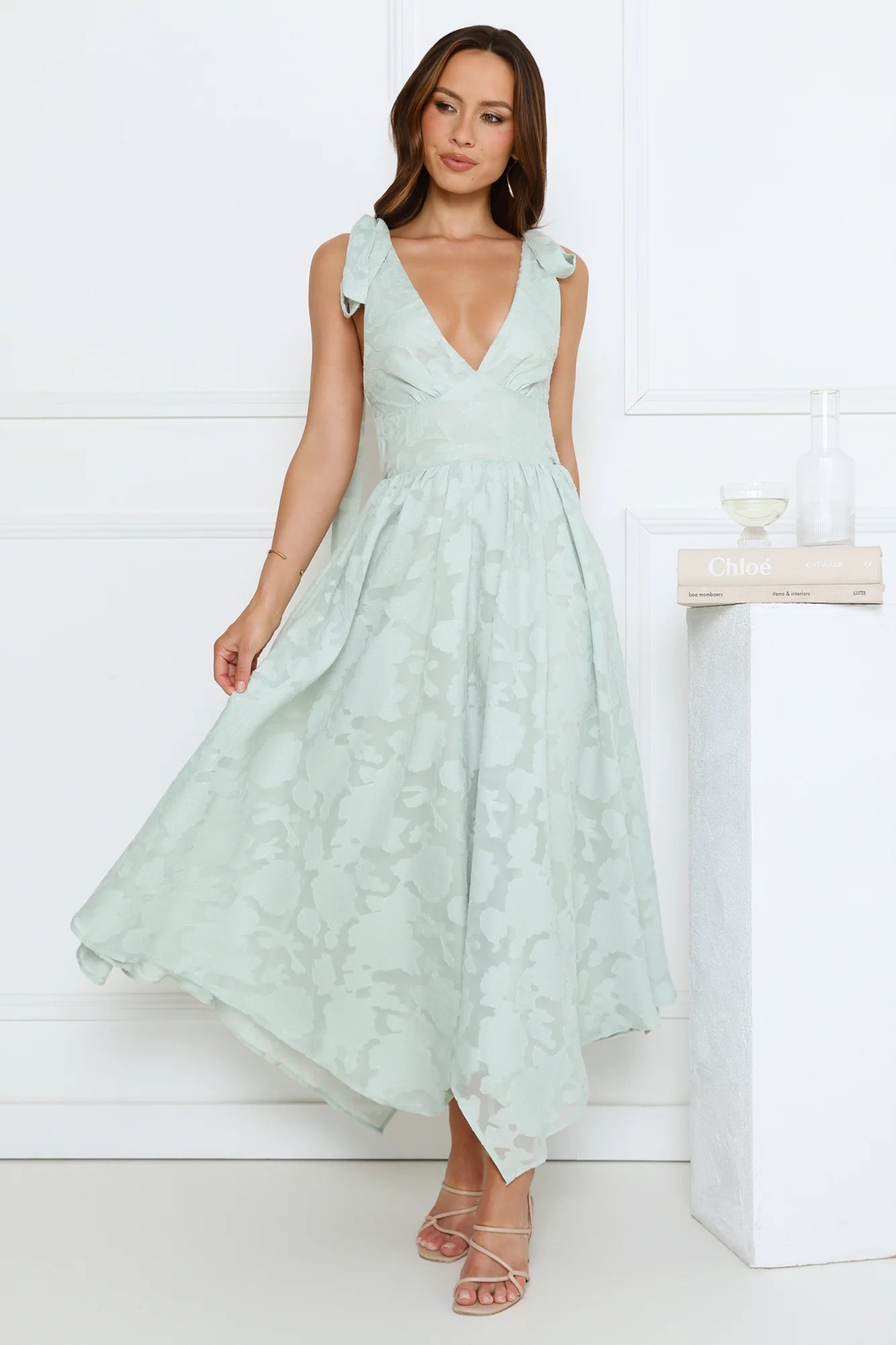Tie Strap V-neck Floral Jacquard Open Back Midi Evening Dress