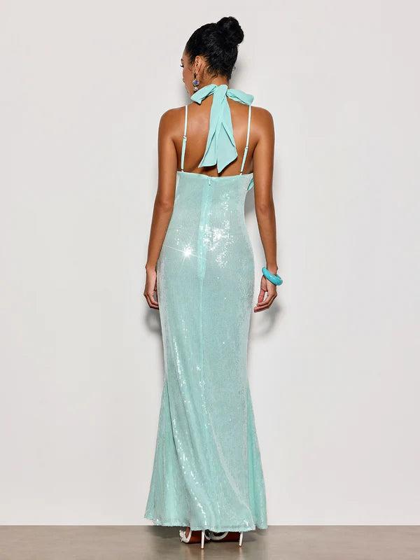 Tiffany Blue Halter Neck Chiffon Bow Sequin Mermaid Evening Dresses
