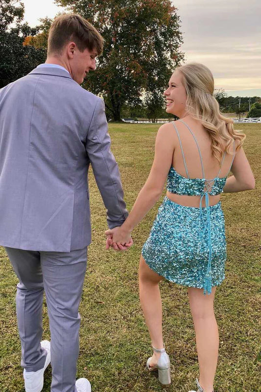 Tiffany Blue Sequin V-Neck Lace-Up Mini Homecoming Dress