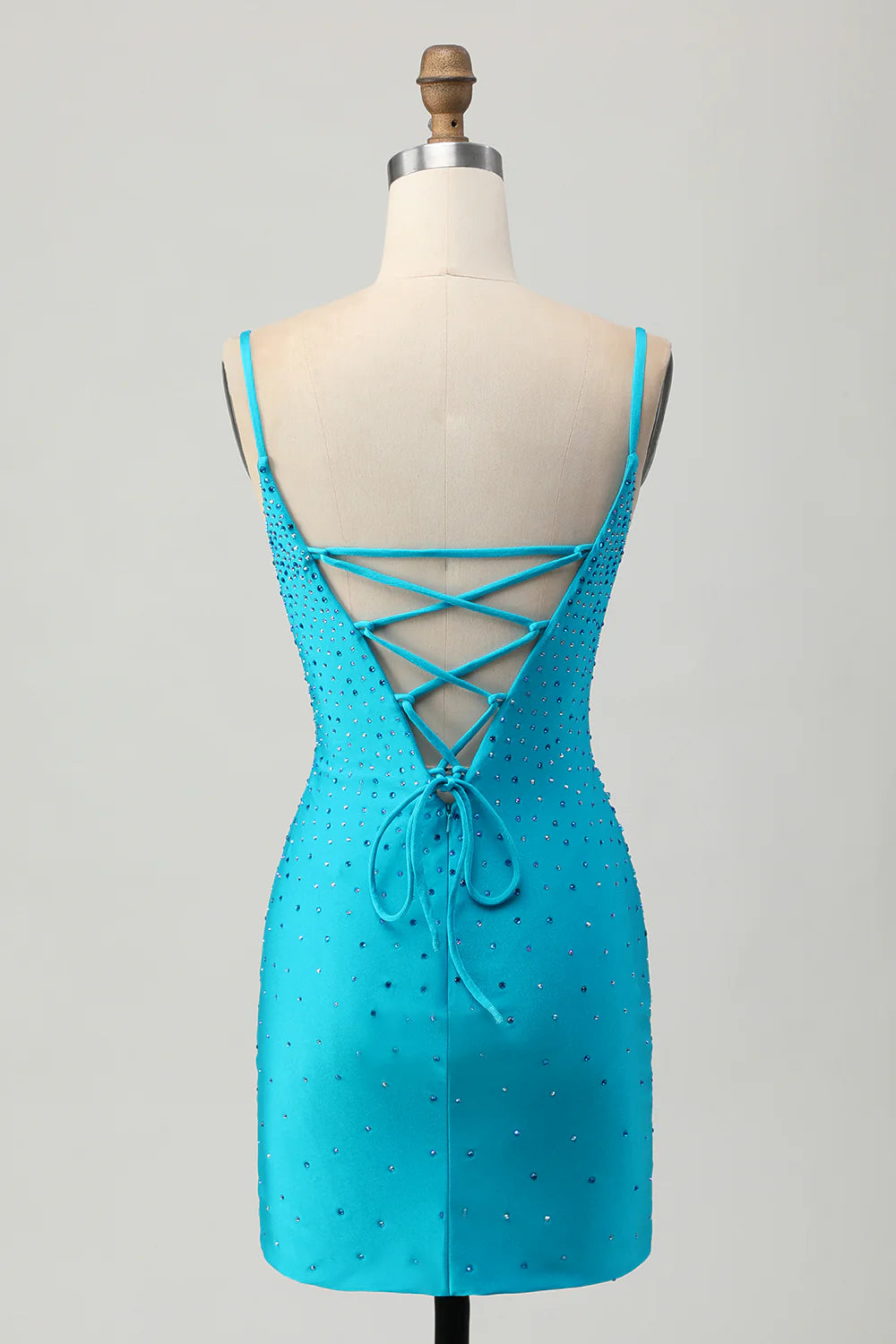 Back view of the blue A-line homecoming dress showing the strapless design.