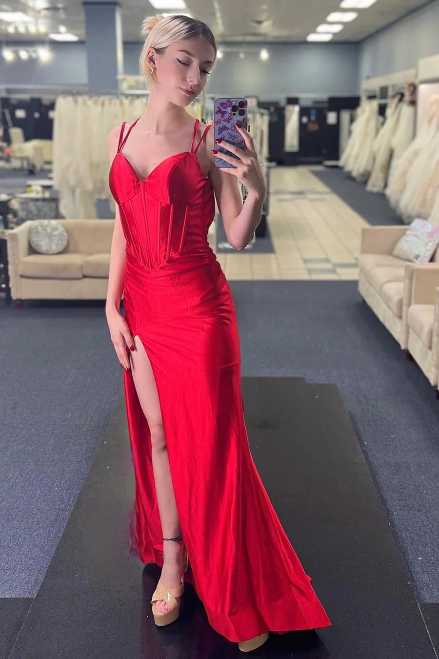 Tight corset with thin shoulder straps mermaid long skirt with slit exposed back