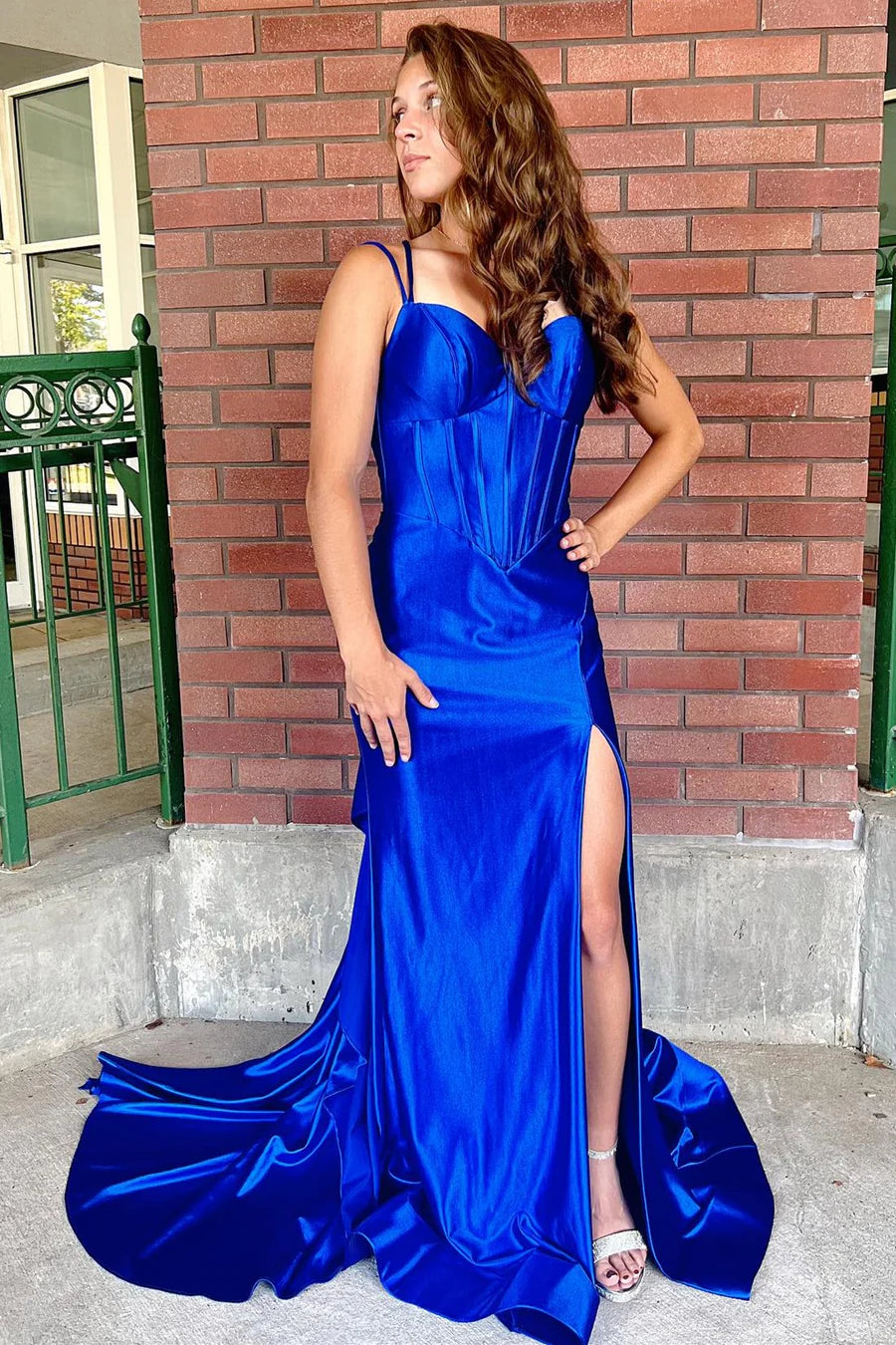 Tight corset with thin shoulder straps mermaid long skirt with slit exposed back