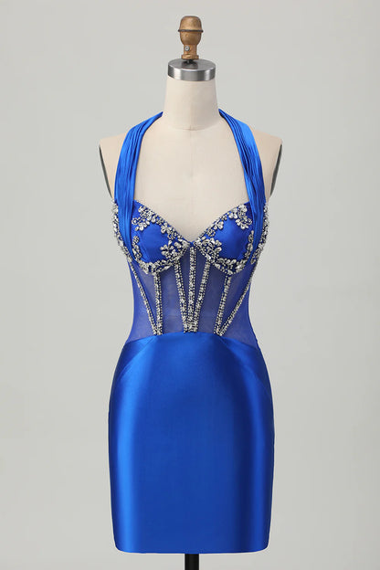 Tight suspender backless beaded satin short back back school dress