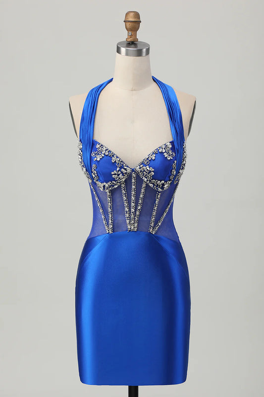 Tight suspender backless beaded satin short back back school dress