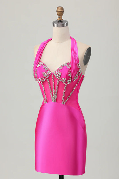 Tight suspender backless beaded satin short back back school dress
