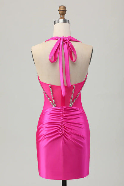 Tight suspender backless beaded satin short back back school dress