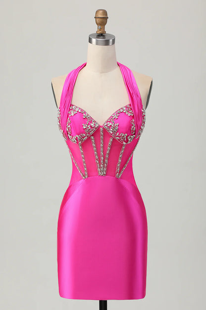 Tight suspender backless beaded satin short back back school dress