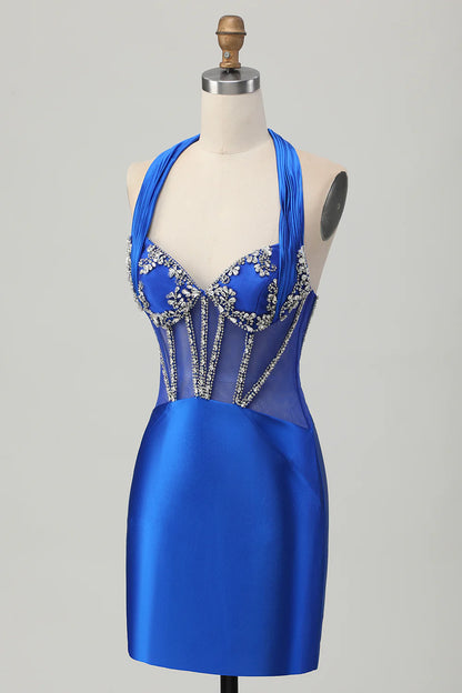 Tight suspender backless beaded satin short back back school dress