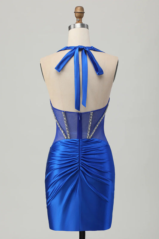Tight suspender backless beaded satin short back back school dress