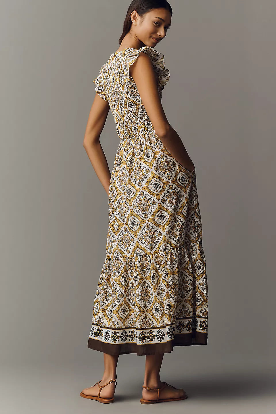 Tile Print Ruffled Tiered Maxi Evening Dresses with Pockets
