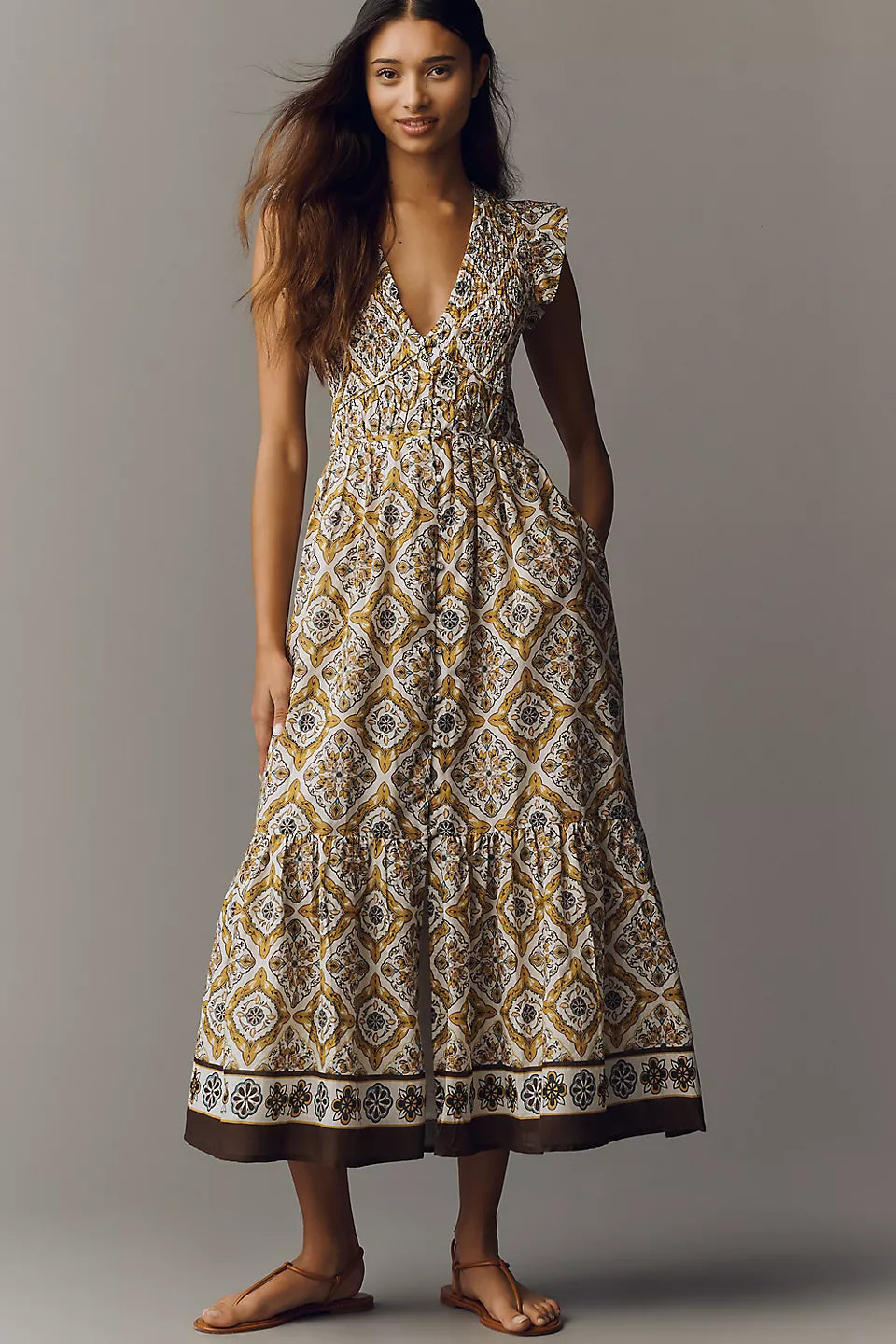 Tile Print Ruffled Tiered Maxi Evening Dresses with Pockets
