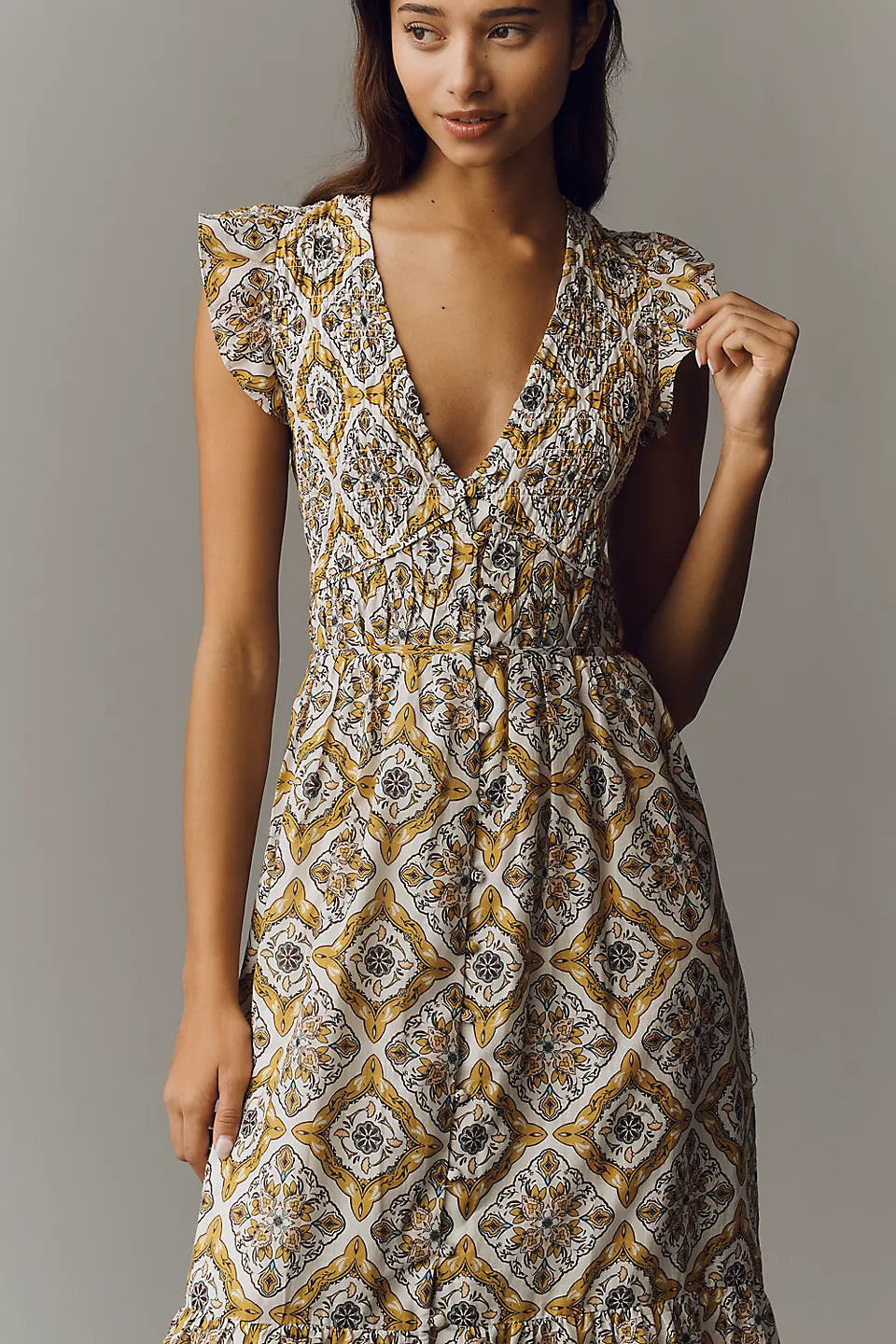 Tile Print Ruffled Tiered Maxi Evening Dresses with Pockets