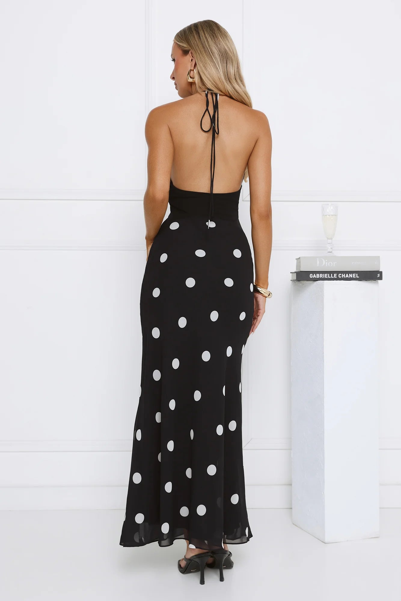 Timeless Black Polka Dot Halter Neck Maxi Dress with Deep Plunge V-Neck, Open Back Tie Closure, Fitted Waist and Flowing Floor-Length Skirt