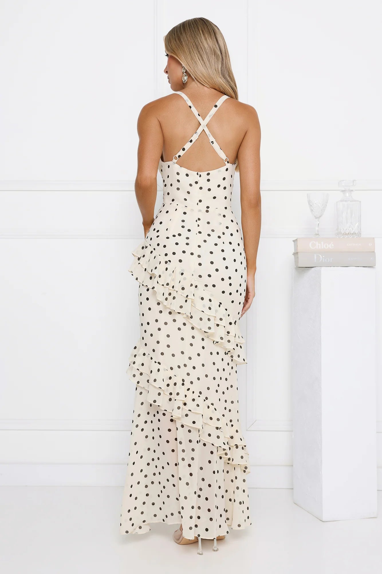 Timeless Cream Polka Dot Maxi Dress with Cowl Neckline, Asymmetric Ruffle Trim, Crisscross Back Straps and Flowy Chiffon Fabric