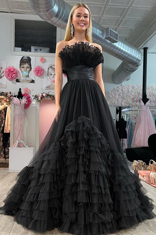Transparent hard gauze strapless A-line layered pleated ball gown