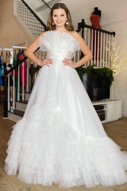 Transparent hard gauze strapless A-line layered pleated ball gown